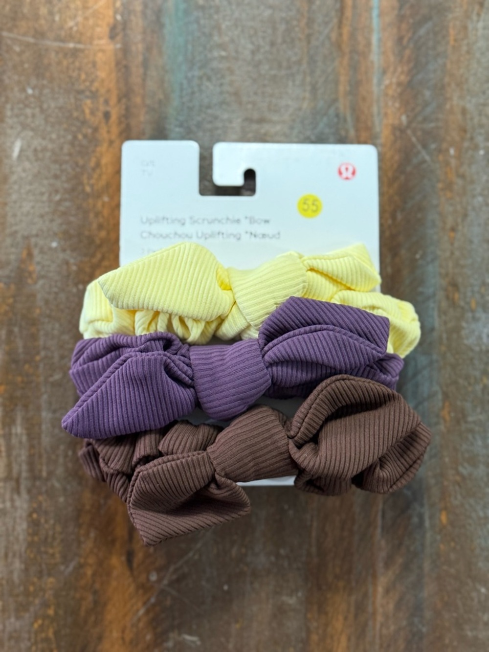 lululemon Uplifting Bow Scrunchies 3 Pack Ribbed Yellow Purple Brown NWT